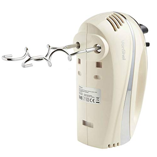 VonShef Professional 300W Hand Mixer, Cream, Includes Chrome Beaters, Dough Hooks, Balloon Whisk + 5 Speed with Turbo Button