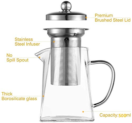 Pluiesoleil 500ML Borosilicate Glass Teapot, Loose Leaf Teapots with Infuser, Square Tea Pot with Strainer, Stovetop Microwave Safe Teapot for 2