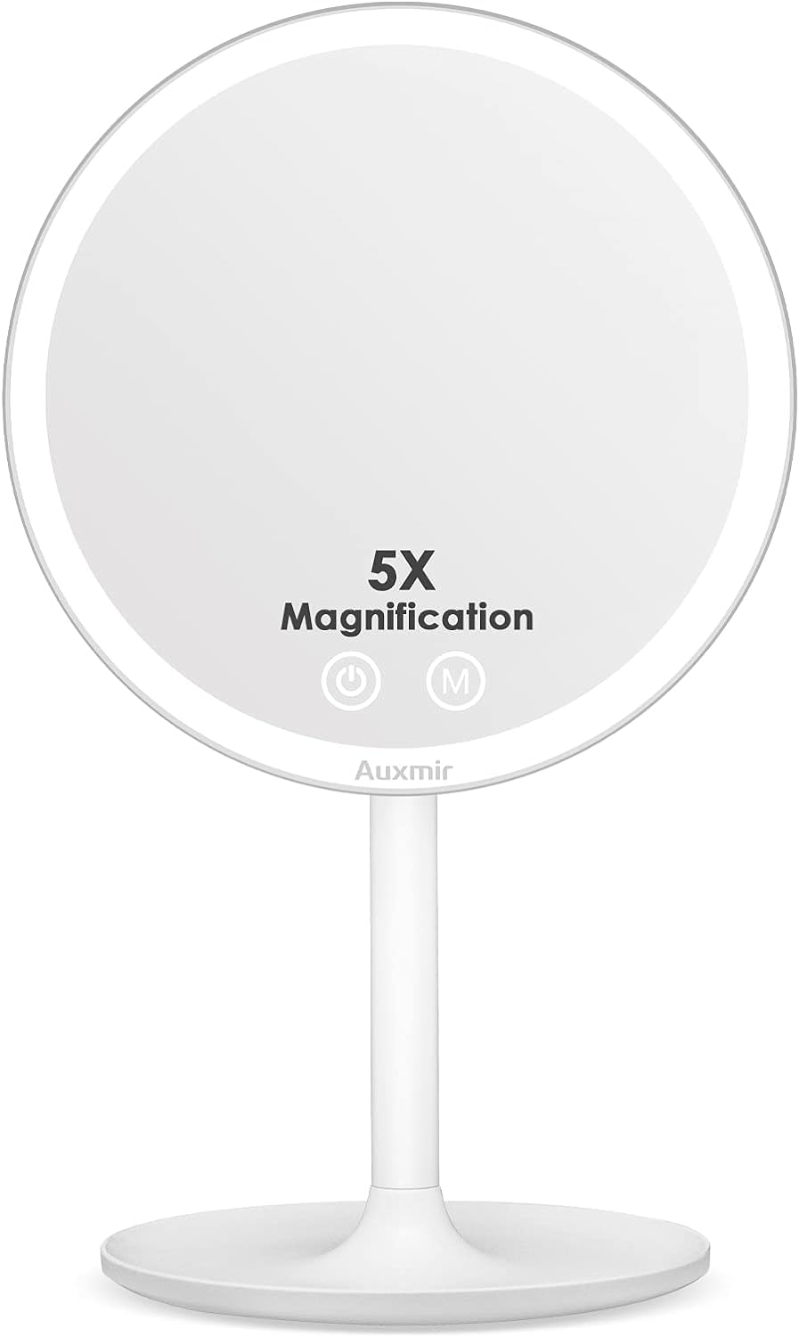 Auxmir Makeup Mirror with Light, Vanity Mirror with 5X Magnification, Dimmable Illuminated Led Dressing Mirror, 3 Lighting Modes & Touch Control, Rechargeable Cosmetic Mirror on Stand for Table Desk 1X/5X-USB Rechargeable