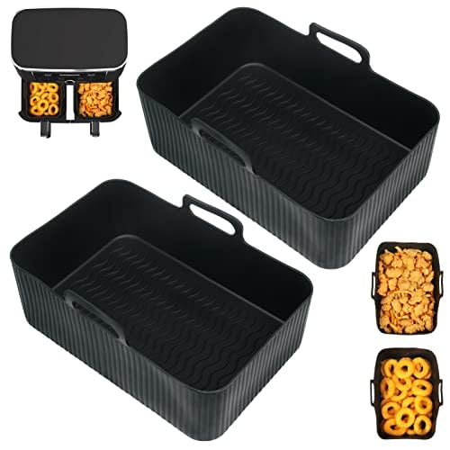 BYKITCHEN Silicone Air Fryer Liners for Ninja Dual 9.5L/Tower 9L/Instant Vortex/Salter, Large Air Fryer Accessories for Ninja AF451UK/AF400UK/EMtronics/Devology & Other 2 Drawer Air Fryer Enlarged Black