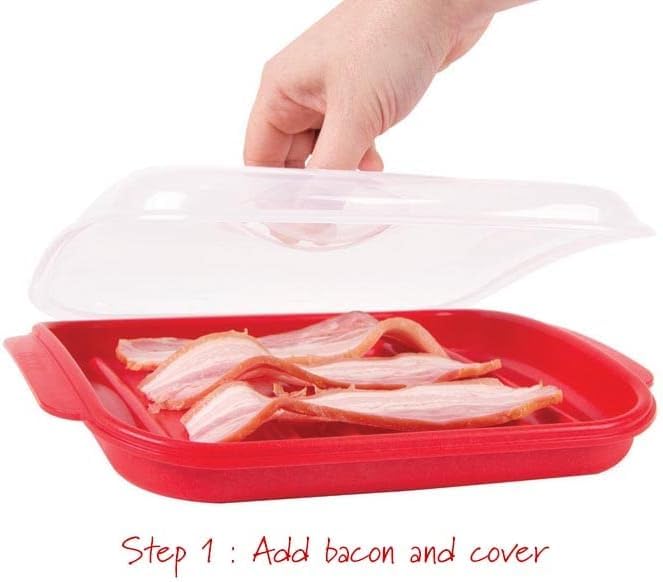 Décor Microwave Bacon Cooker | Splatter Proof Crisper Tray with Lid | Dishwasher Safe | BPA-Free Red