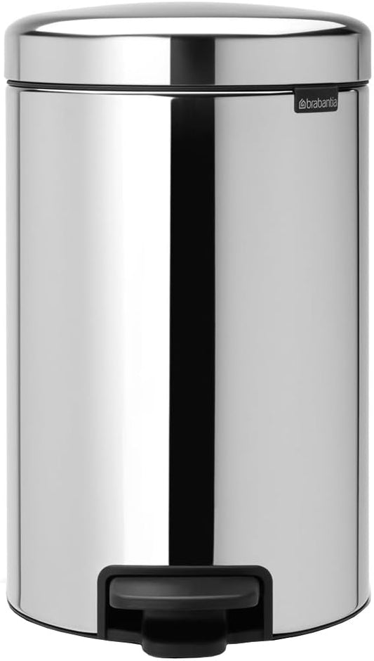 Brabantia NewIcon Pedal Bin 12L, Soft-Closure Rubbish Waste Bin, Removable Inner Bucket + Free Bin Bags, Brilliant Steel 12 Litre