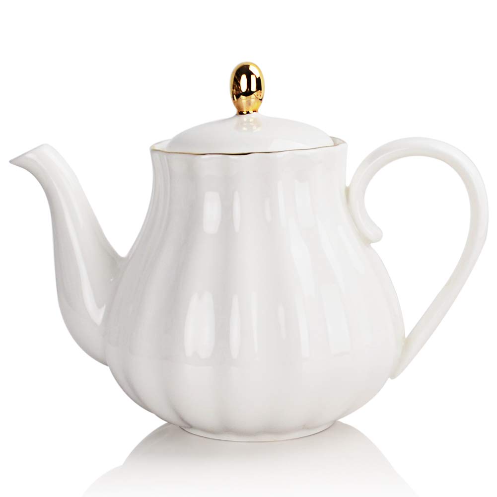 Sweejar Home Royal Teapot, Ceramic Tea Pot with Removable Stainless Steel Infuser, Blooming & Loose Leaf Teapot - (3-4cups) 800 ml (White) Pumpkin shape White