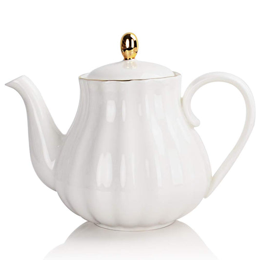 Sweejar Home Royal Teapot, Ceramic Tea Pot with Removable Stainless Steel Infuser, Blooming & Loose Leaf Teapot - (3-4cups) 800 ml (White) Pumpkin shape White