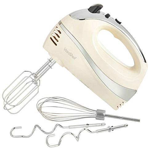 VonShef Professional 300W Hand Mixer, Cream, Includes Chrome Beaters, Dough Hooks, Balloon Whisk + 5 Speed with Turbo Button