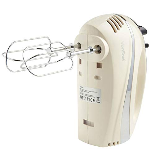 VonShef Professional 300W Hand Mixer, Cream, Includes Chrome Beaters, Dough Hooks, Balloon Whisk + 5 Speed with Turbo Button