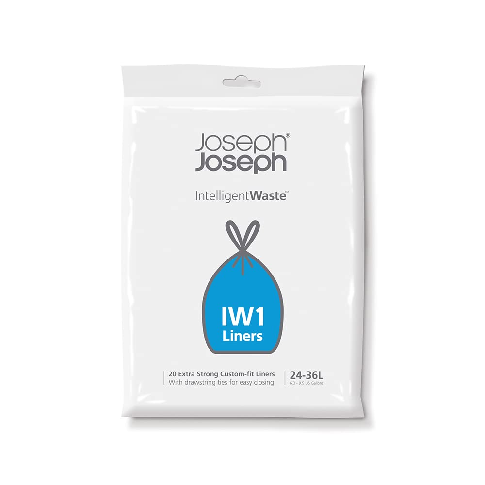 Joseph Joseph IW1 Bin Liners, General Waste Bags with Tie Tape Drawstring Handles- Pack of 20, Black, 24-36 Litres 20 count (Pack of 1)