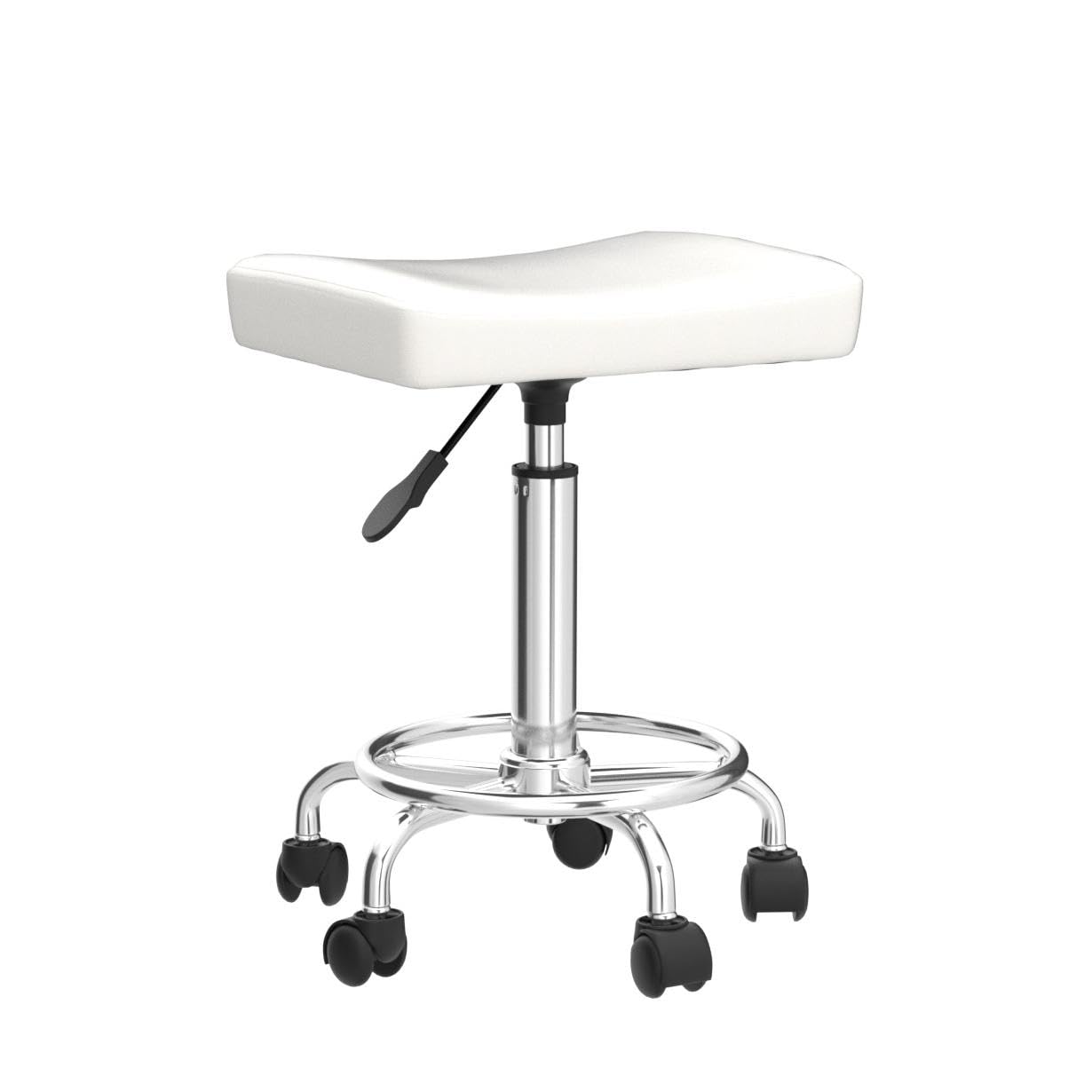 KKTONER Square Rolling Stool PU Leather Height Adjustable Swivel Massage SPA Salon Stools Task Chair with Wheels (White) White