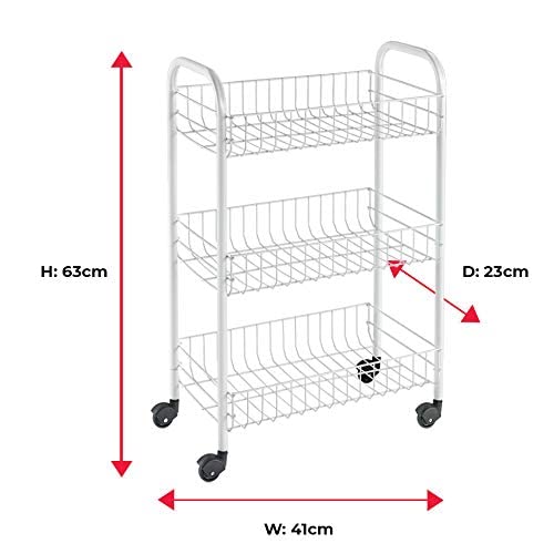 Metaltex Siena 3-Tier Trolley with Wheels - Multipurpose Storage Cart for Home including Kitchen, Bathroom, Office and Garage – White Metal, 400 grams 23 x 41 x 63 cm