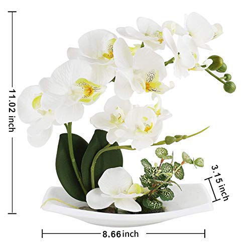 White Orchid Artificial Flowers Fake Indoor Faux Arrangements with Porcelain Vase Silk Plant in Pot That Look Real Table Centerpiece Bathroom Ornaments White Orchid