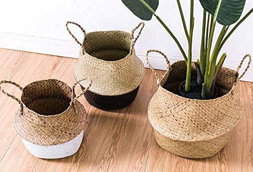 Natural Seagrass Storage Basket Woven Plant Basket Pot Laundry Basket With Handle, Foldable Belly Basket Toys Storage (Natural) Diamètre le Plus Large 45x36cm Natural