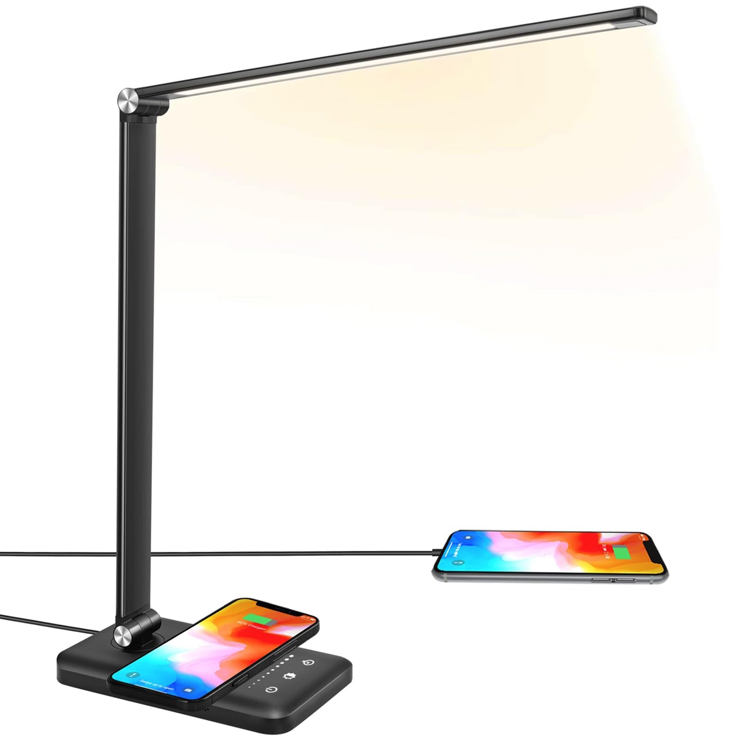 BIENSER LED Desk Lamp with Wireless Charger, USB Charging Port, Table Lamp with 10 Brightness, 5 Lighting Colors, Dimmable Eye-Caring Desk Lamps for Home Office, Touch Control, 30/60min Auto Timer PRO-Black