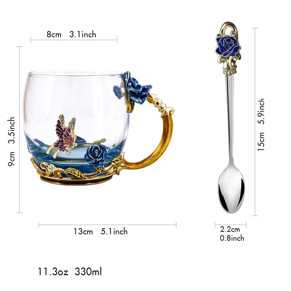 evecase Enamels Butterfly Flower Tea Cup/Coffee Mug with Spoon Set, Gifts for Women Wife Mum Teacher Friends Valentines Christmas Birthday Mothers Day Gifts Blue