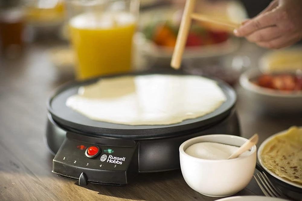 Russell Hobbs Electric Crepe & Pancake Maker - Large 30cm (12 inch) easy to clean Non-stick hotplate, Crepe making tools inc, Adjustable thermostat, Power on & temp indicator light, 1200W, 20920