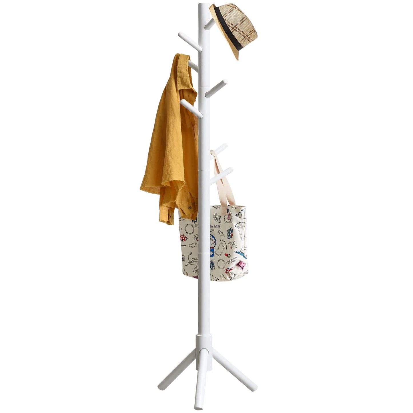 IBUYKE Wood Coat Rack Free Standing, Entryway Hall Tree Coat Tree, Coat Tree with 8 Hooks, for Home or Office Clothes, Scarves, Handbags, White RF-1194 Triangle