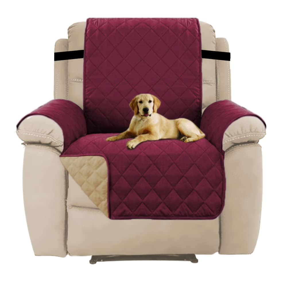 H.Versailtex Recliner Slipcovers, Water Resistant Recliner Chair Covers for Pets, Machine Washable Recliner Protectors Covers with 2" Wide Elastic Strap for Kids (Burgundy/Tan) Burgundy/Tan