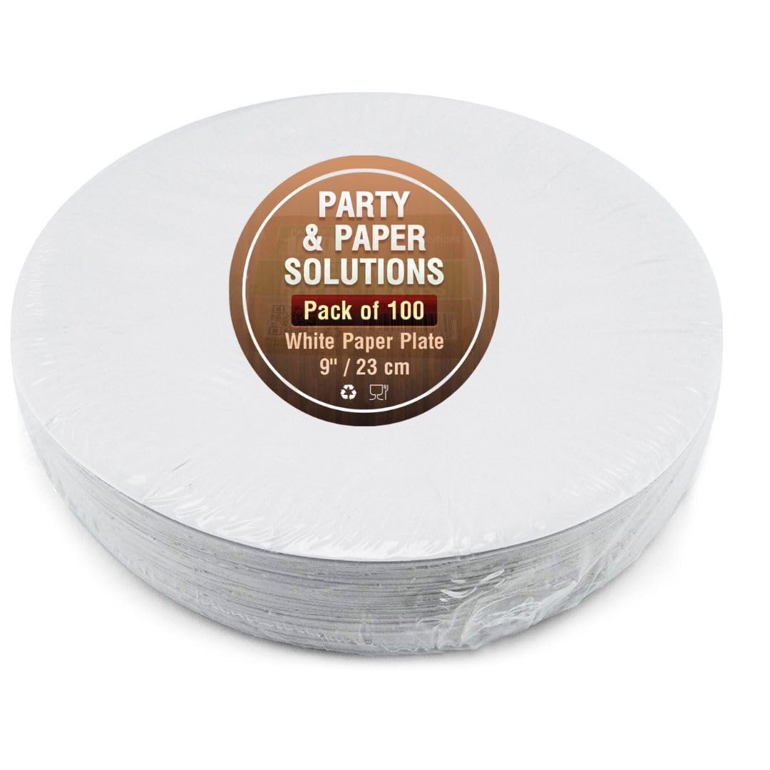 100 WHITE PAPER PLATES - 9 inch/23cm quality durable plates ideal for hot and cold food