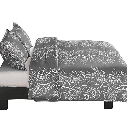 YEPINS Soft Brushed Microfiber Bedding Duvet Cover Set with Zipper Closure and Corner Ties, Print Floral and Branch Pattern Design, Grey Colour- King Size Grey/White