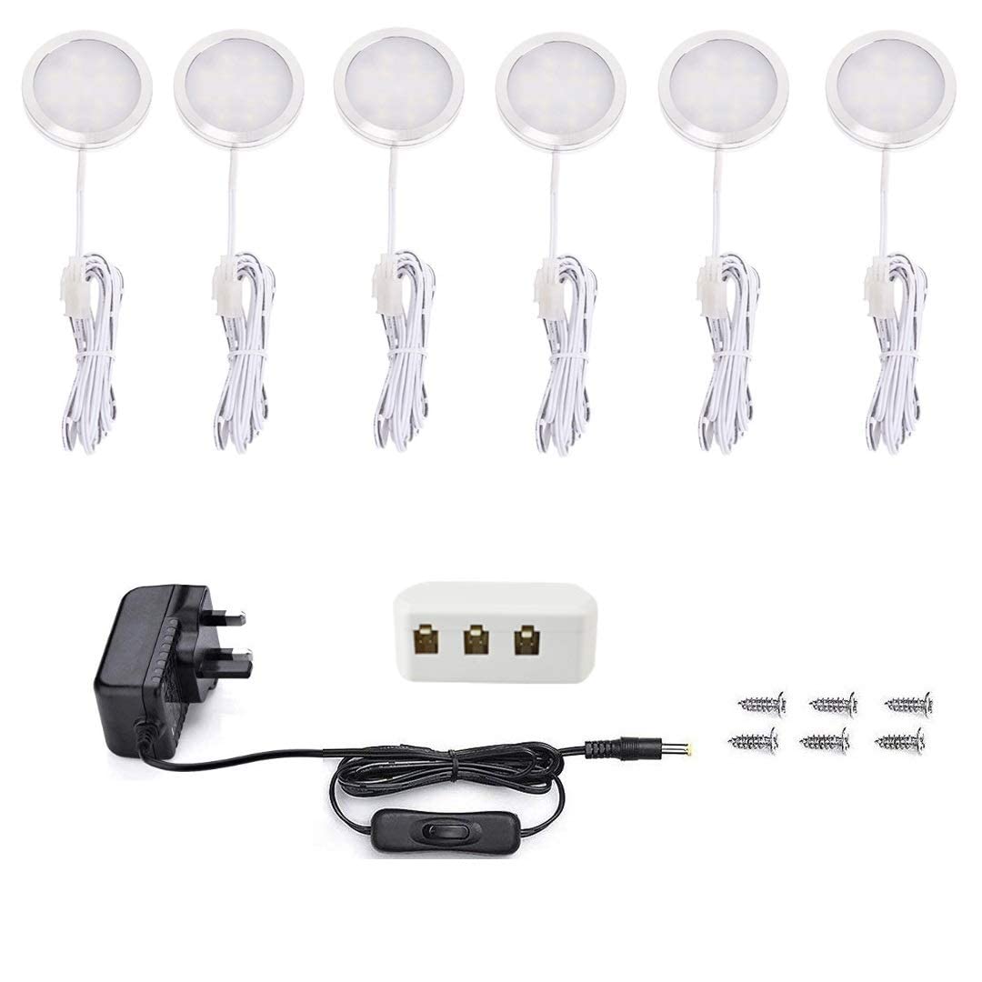 Vlio Under Cabinet Light Kit, Set of 6, LED Puck Lights, 15W, 1500LM, Warm White, Display Cabinet Lighting, Disc Light for Kitchen, Closet, Counter, Cupboard, Shelf, Wardrobe and More