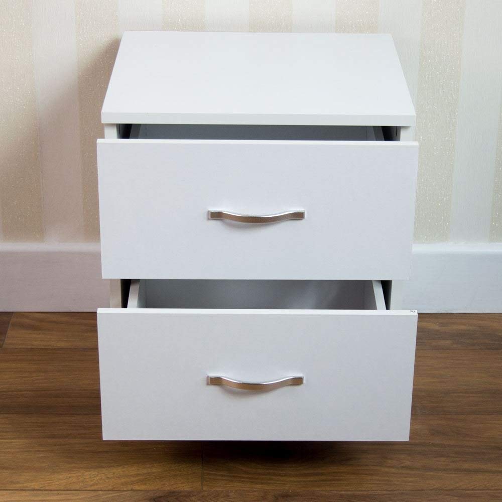 Vida Designs White Bedside Cabinet, 2 Drawer With Metal Handles & Runners, Unique Anti-Bowing Drawer Support, Riano Bedroom Furniture