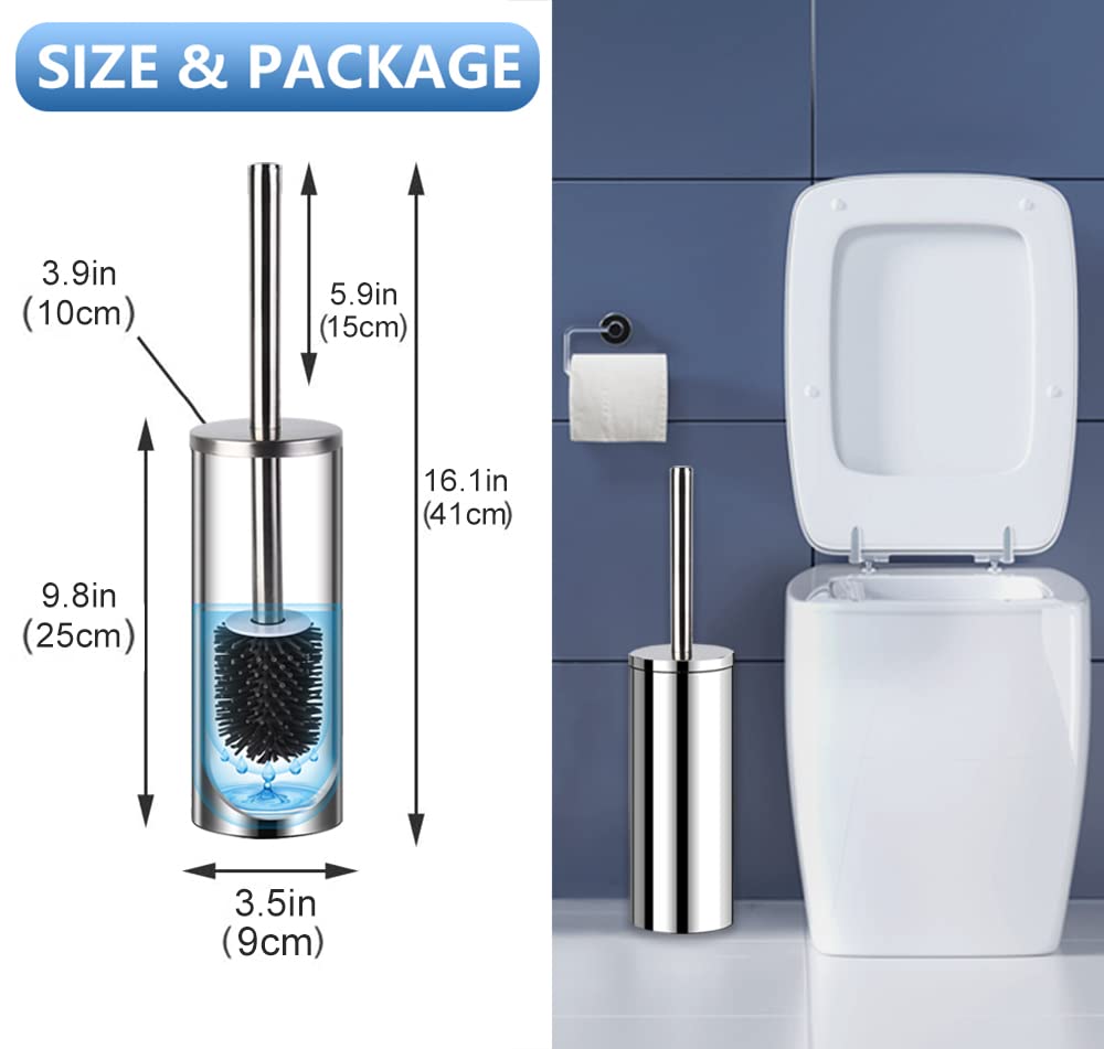 Bingobang Toilet Brush and Holder,Stainless Steel Lid Handle,Silicone Deep Cleaner Toilet Brushes with Quick Drying Holder Set for Bathroom Toilet(Silver) Silver