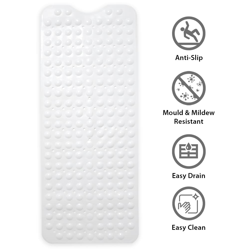 ANSIO® Shower Mats Non Slip Anti Mould Bath Mat for Bathroom Rubber Shower Mat with Drain Holes & Suction Cups Machine Washable - Solid white, 40 x 102 cm 102 x 40 cm