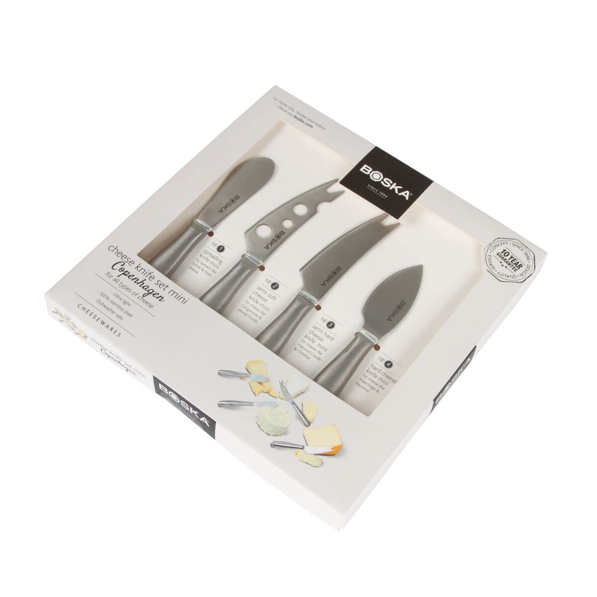 BOSKA Cheese Knife Set Mini Copenhagen / 4 Small Cheese Knives/for All Types of Cheese/Stainless Steel/Silver / 5.7" x 0.8" x 0.4" 4-Piece Mini Knife Set for All Cheese Types