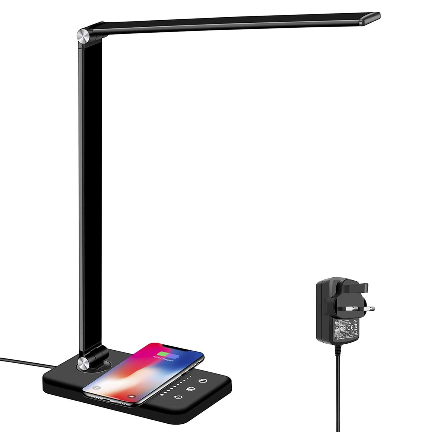 BIENSER LED Desk Lamp with Wireless Charger, USB Charging Port, Table Lamp with 10 Brightness, 5 Lighting Colors, Dimmable Eye-Caring Desk Lamps for Home Office, Touch Control, 30/60min Auto Timer PRO-Black