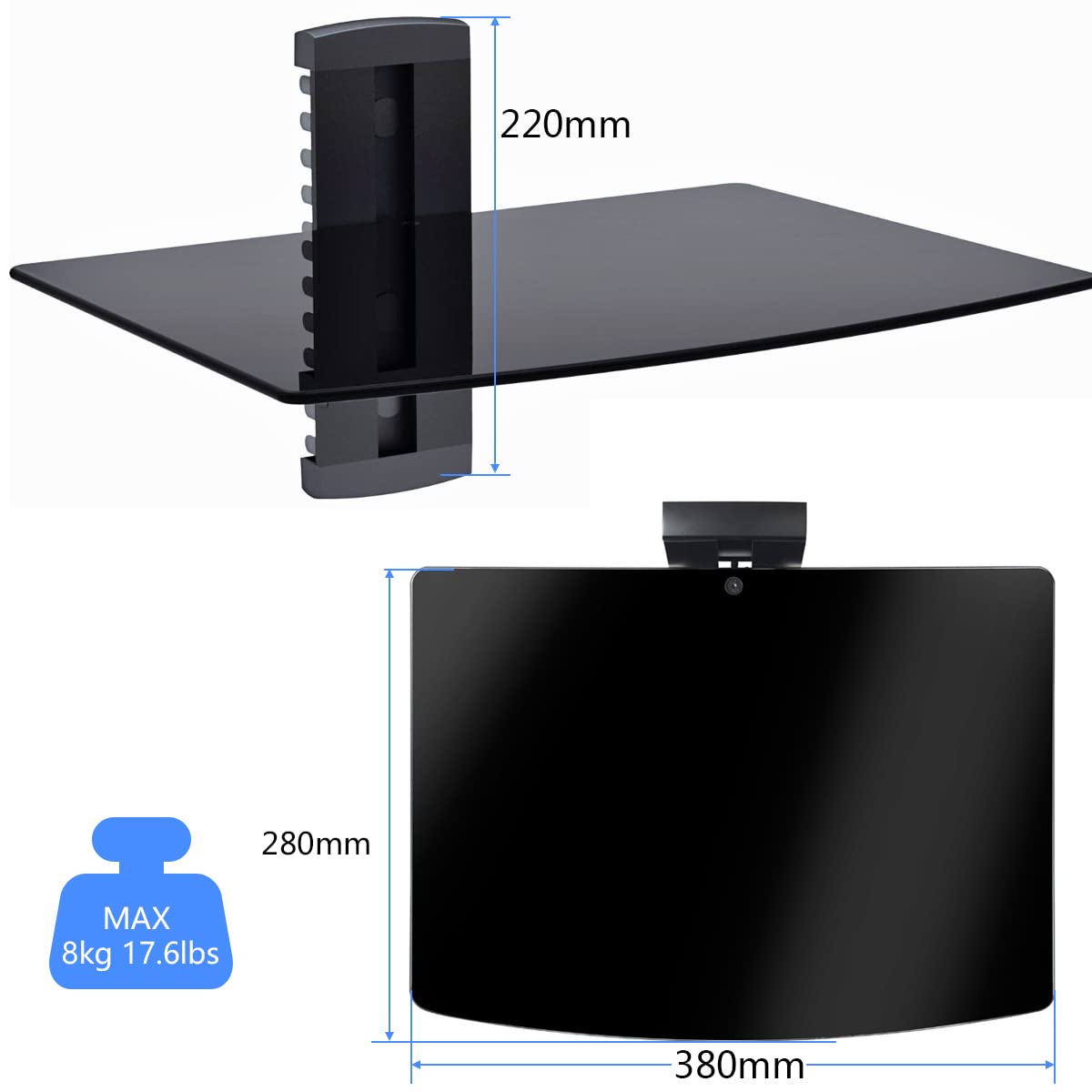 suptek Single Floating Shelf Wall Bracket with Strengthened Tempered Glass for DVD Players/Cable Boxes/Games Consoles/TV Accessories 1 Shelf, Black, CS201 Small