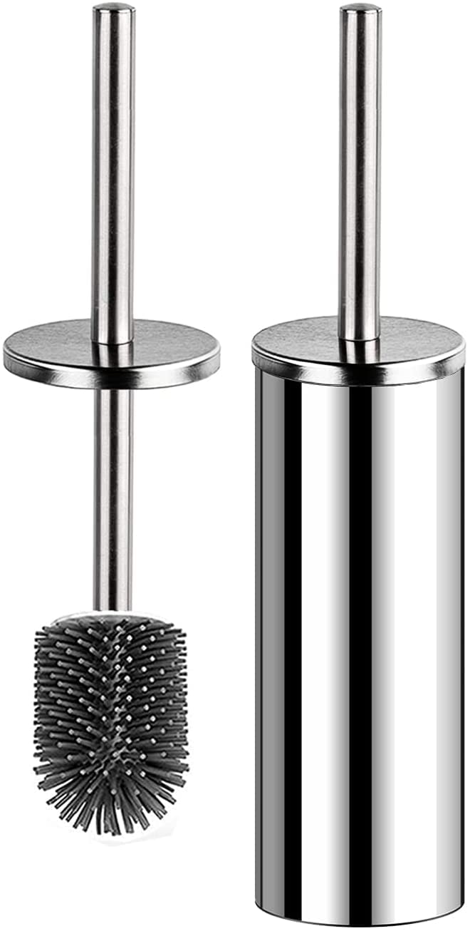 Bingobang Toilet Brush and Holder,Stainless Steel Lid Handle,Silicone Deep Cleaner Toilet Brushes with Quick Drying Holder Set for Bathroom Toilet(Silver) Silver