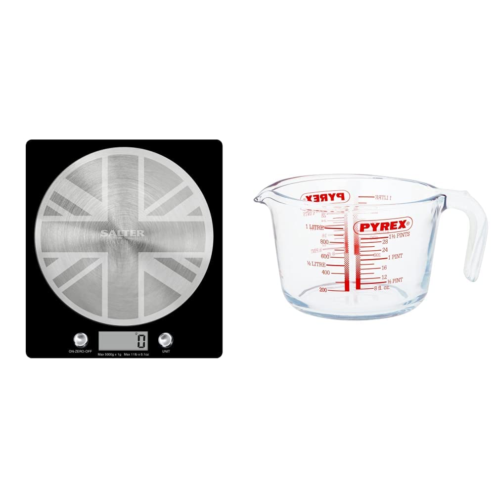 Salter 1036 UJBKDREU16 Disc Electronic Scale, Seen on TV, Stylish Slim Design, Measures Liquids/Fluids, 5 Kg Max Capacity, Union Jack Design & Pyrex Glass Measuring Jug, Transparent, 1 Litre Union Jack - 260th Anniversary Edition + Measuring Jug, 1 Litre