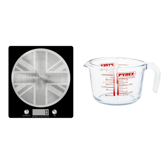 Salter 1036 UJBKDREU16 Disc Electronic Scale, Seen on TV, Stylish Slim Design, Measures Liquids/Fluids, 5 Kg Max Capacity, Union Jack Design & Pyrex Glass Measuring Jug, Transparent, 1 Litre Union Jack - 260th Anniversary Edition + Measuring Jug, 1 Litre