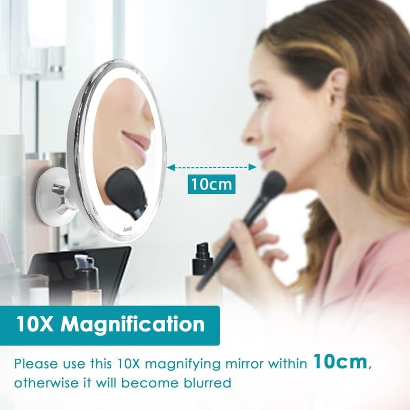 Auxmir Makeup Mirror, 10X Magnifying Lighted Mirror with 2 Adjustable Brightness, Daylight LED Vanity Mirror, 360° Rotating Illuminated Shaving Mirror with Locking Suction for Home, Bathroom