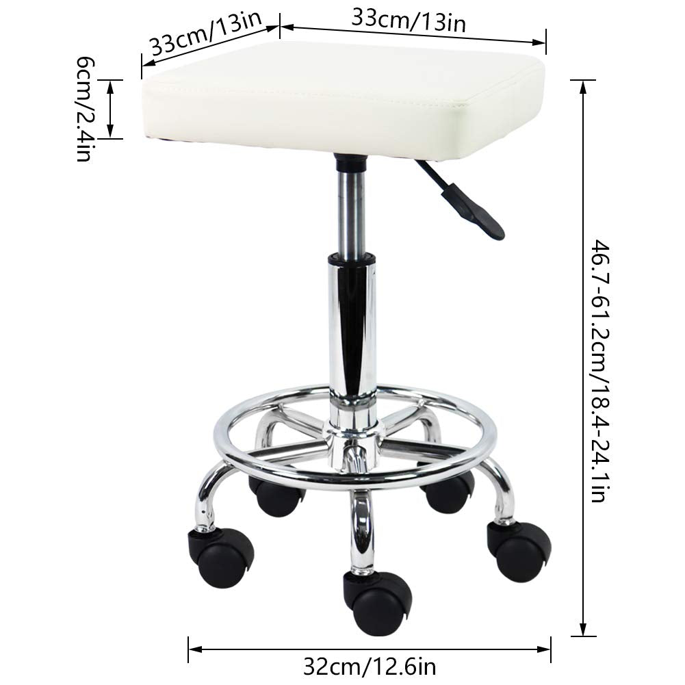 KKTONER Square Rolling Stool PU Leather Height Adjustable Swivel Massage SPA Salon Stools Task Chair with Wheels (White) White