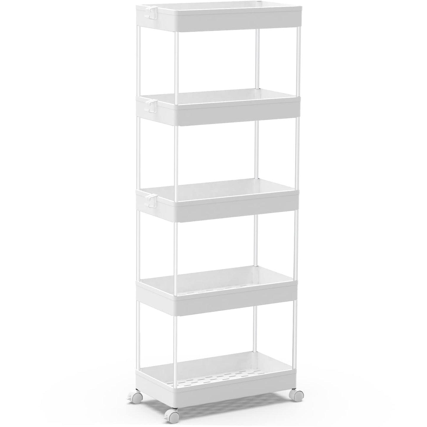 SPACEKEEPER Storage Trolley 5-Tier Storage Cart Slide Out Rolling Utility Cart Mobile Shelving Unit Trolley Organizer Cart for Kitchen Bathroom Laundry Office, Plastic, White