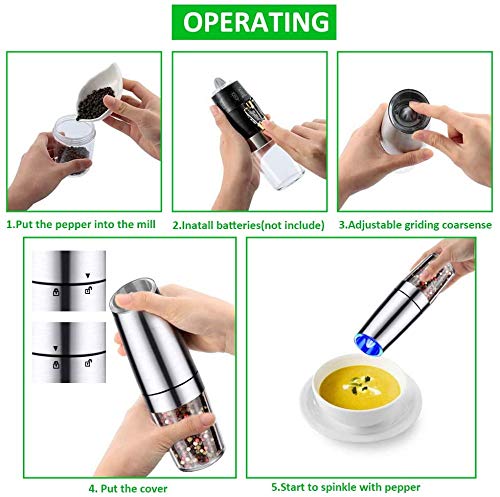 Gravity Electric Salt and Pepper Grinder Set,Battery Salt Pepper Grinder,Automatic Salt and Pepper Mills with Blue Light,Adjustable Coarseness,One Handed Operation,Cleaning Brush(Silver, 2pcs/Pack) Silver