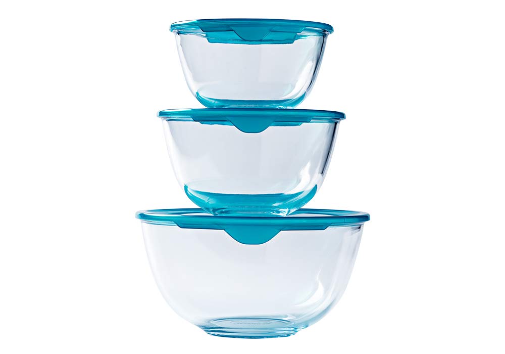 Pyrex - Set of 3 Resistant Glass Mixing/Salad Bowls with lids - 0.5L - 1L - 2L - Made in France With Lid