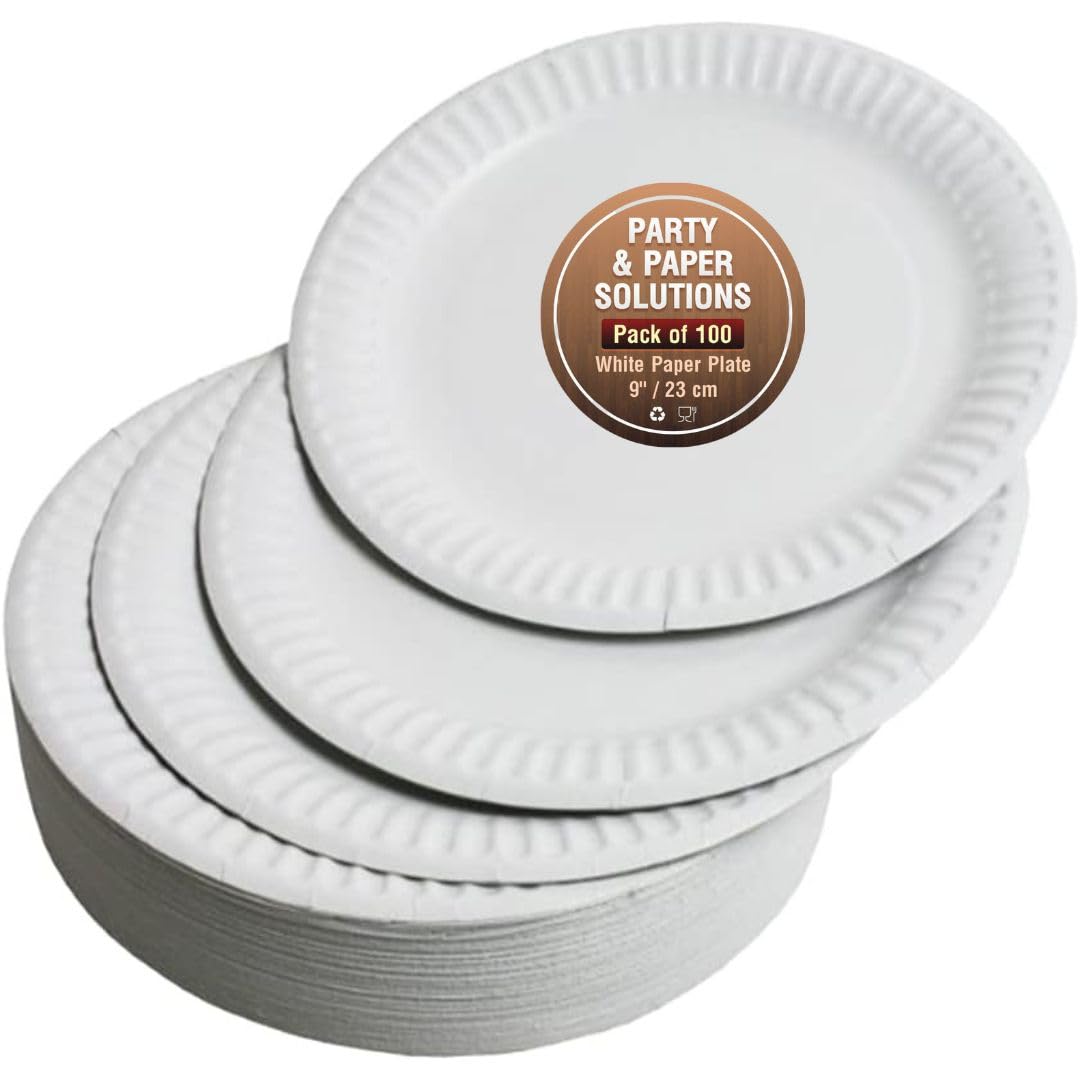 100 WHITE PAPER PLATES - 9 inch/23cm quality durable plates ideal for hot and cold food