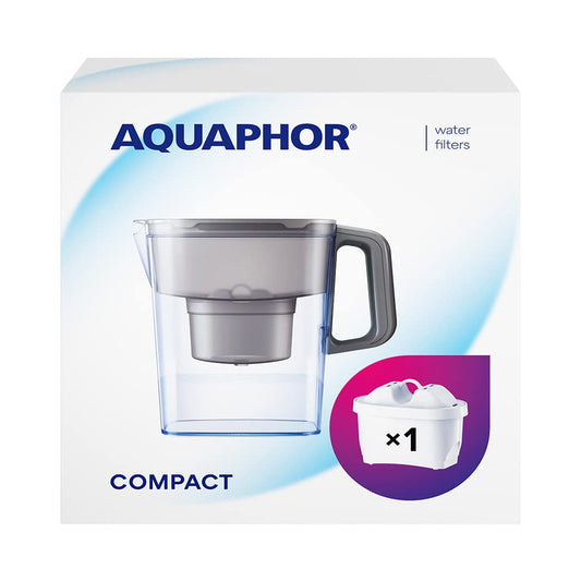 AQUAPHOR Water Filter Jug Compact Grey, Space-saving, Lightweight Fridge door fit 2.4L Capacity 1 X Maxfor+ Filter Included Reduces Limescale Chlorine & Microplastics