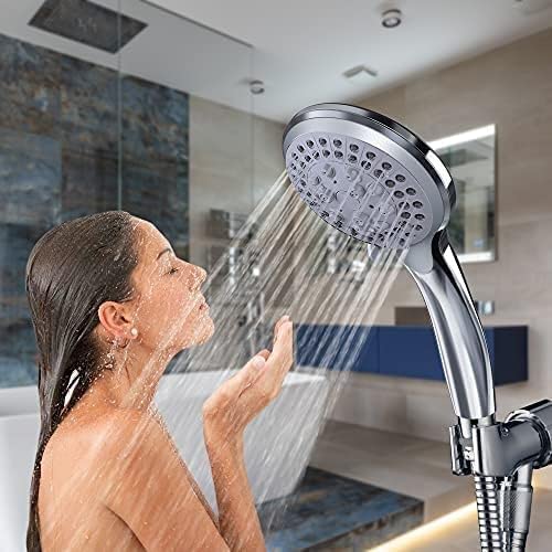 VEHHE Shower Head Powerful Flow with 1.5m Chrome Hose Pressure Boosting Shower Head Spray with 5 Modes Water Saving Bathing for Adults Children Pets Home and Gym Use Silver Shower Head and Hose