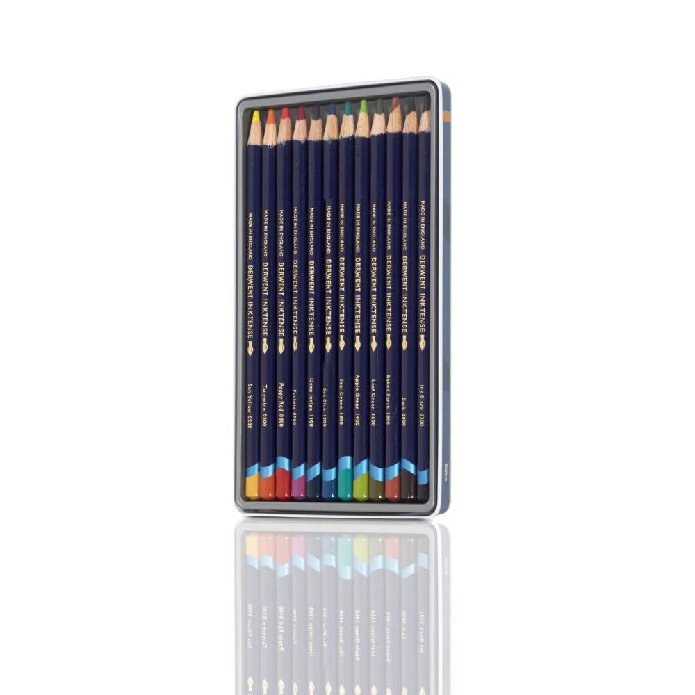 Derwent Inktense Permanent Watercolour Pencils, Set of 12 in a Tin, 4mm Premium Core, Water-Soluble, Ideal for Colouring, Painting and Crafting, Professional Quality (0700928) 12 Count (Pack of 1) Reusable Tin