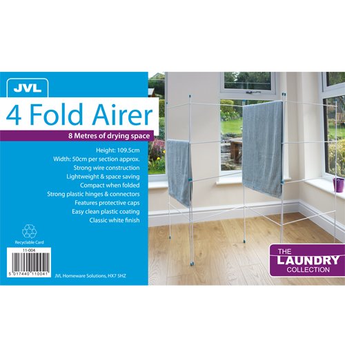 JVL 11-004 Caravan Indoor/Outdoor Four Panel Folding Clothes Airer Laundry Dryer, Plastic/Metal, White 4 Panel