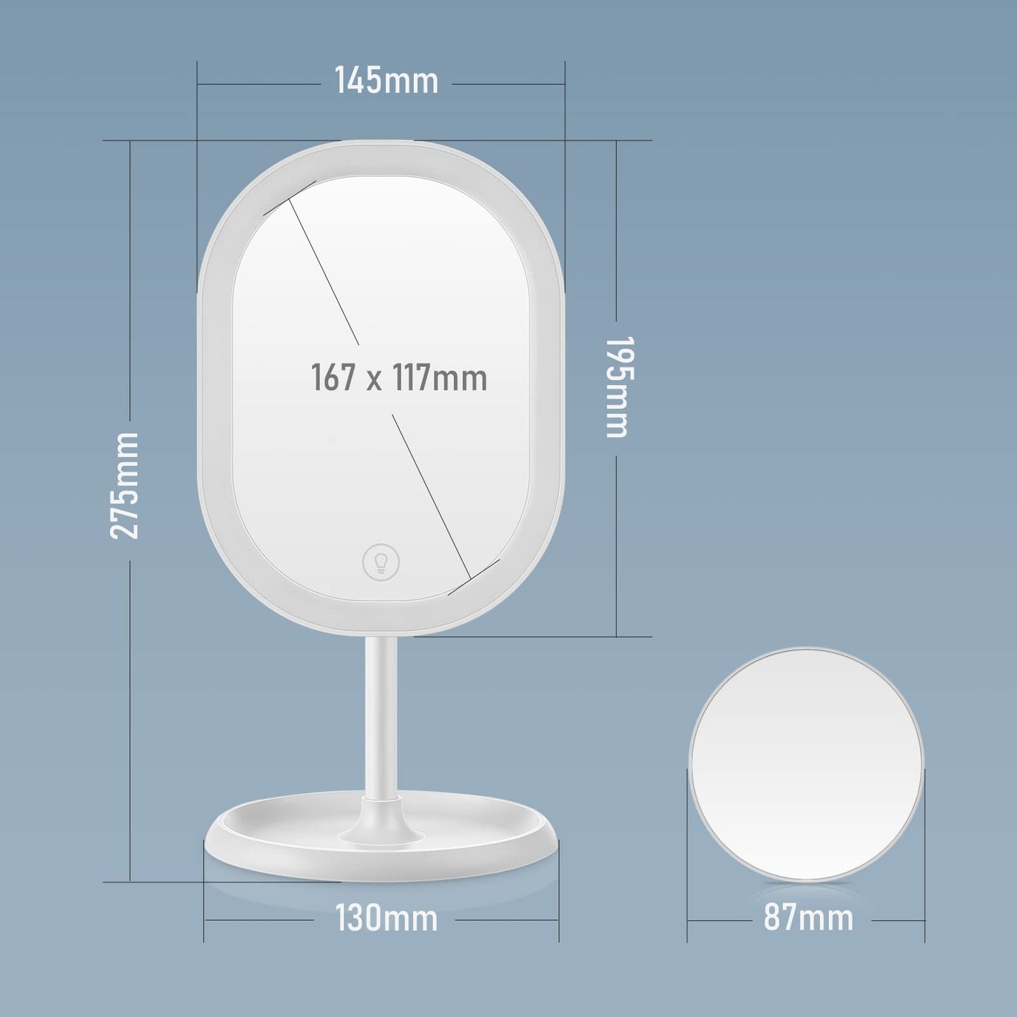 Aidodo Makeup Mirror with LED Lights, Portable and USB Rechargeable Professional Makeup Mirror, Touch Screen Switch, 180 Degree Rotation for Bedroom Makeup Shaving and Travel White