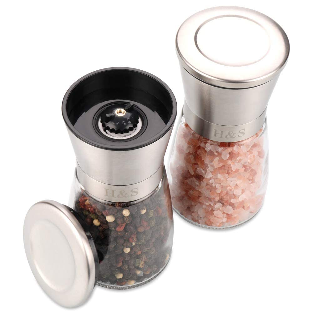 H&S Salt and Pepper Grinder Set - Manual Mill Grinders for Kitchen - Glass and Stainless Steel Spice Mills with Adjustable Coarseness - Easy to Use and Fill - Large Capacity