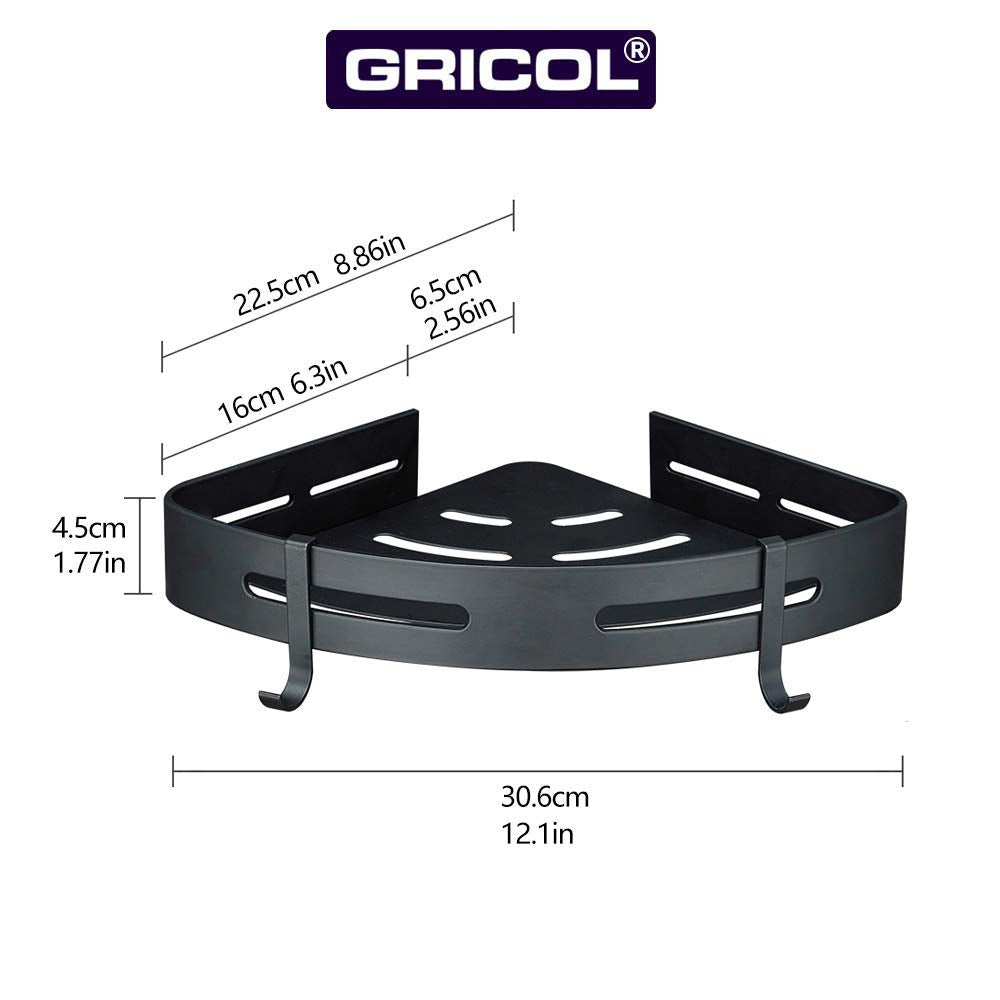 GRICOL Shower Corner Shelf No Drilling Metal with Stickers Wall Mounted Adhesive Shower Caddy Basket Organiser for Bathroom 2 Tiers Black