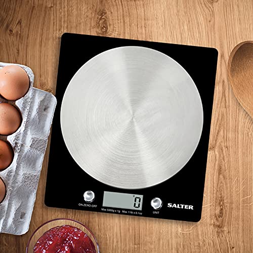 Salter 1036 BKSSDR Electronic Kitchen Scale – Digital Baking Scale with 5kg Capacity, Food Weighing Scale with Stainless Steel Disc Platform, LCD Display, Add & Weigh/Tare Function, Measure Liquids Black Single