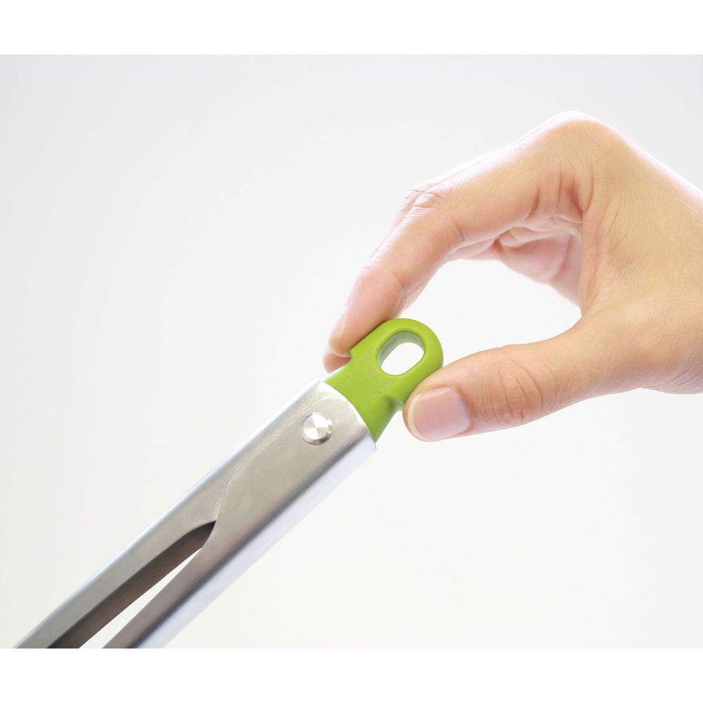 Joseph Joseph 12 inch Elevate Stainless Steel Tongs with silicone, heat resistant tips, space saving lockable handle - Grey / Green