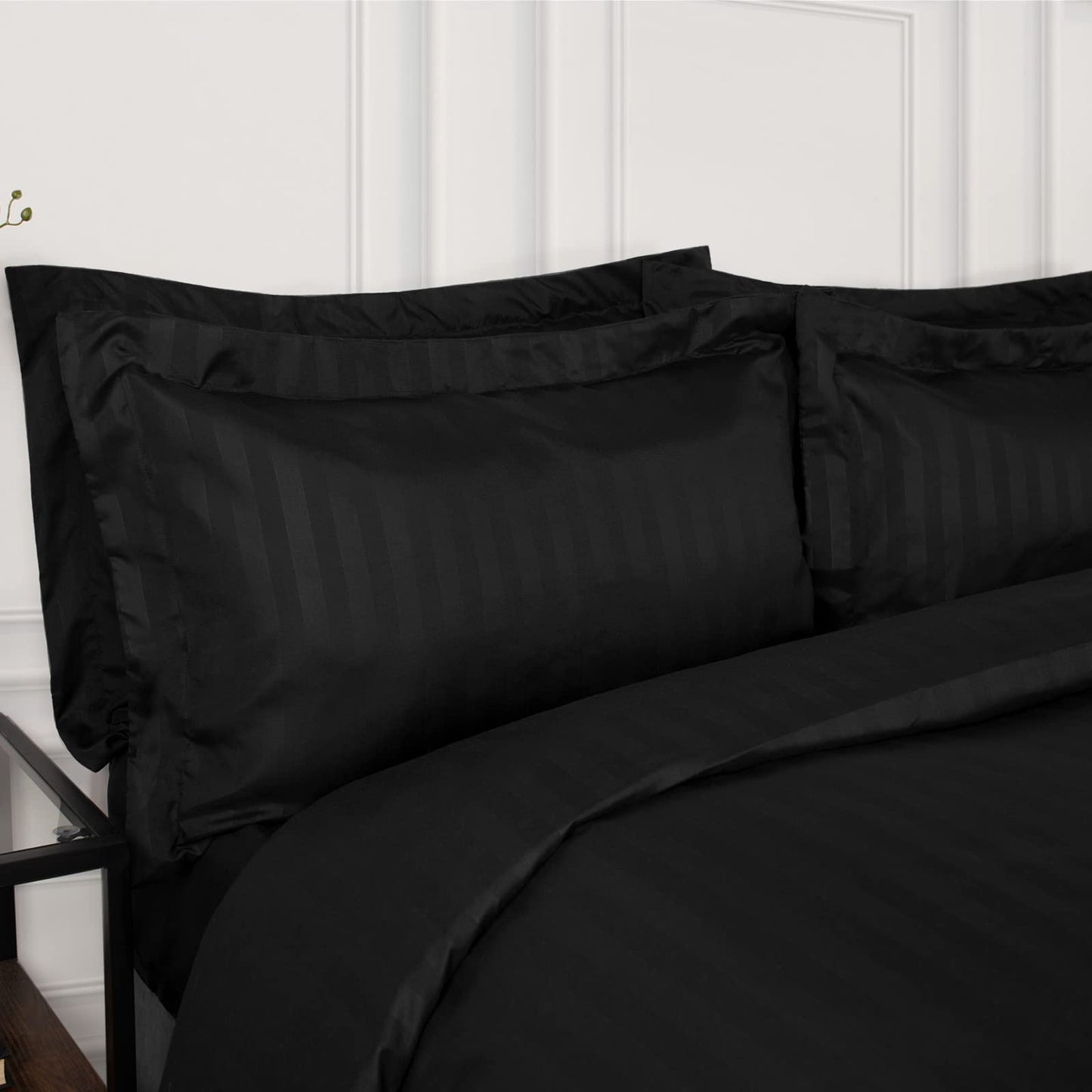 Dreamscene Beautiful Satin Stripe Quilt Duvet Cover with Pillow Case Bedding Set, Black, Double