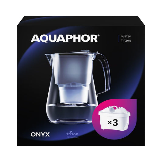 AQUAPHOR Onyx Black Water Filter Jug - Counter Top Design with 4.2L Capacity, 3 X MAXFOR+ Filters Included Reduces Limescale Chlorine & Microplastics Perfect for Families, Premium Quality Glass Effect 3 x Maxfor+ cartridge value pack