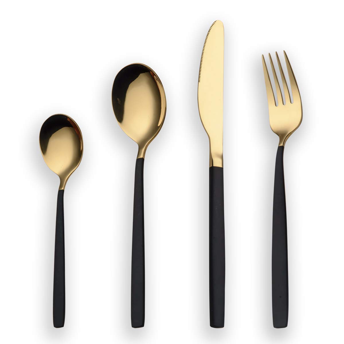 Berglander 24 Piece Titanium Black and Golden Plated Stainless Steel Silverware Set,Black Handle with Golden Mouth Flatware Set Black and Golden Cutlery Set Service for 6 (Shiny Black Golden) Black,golden